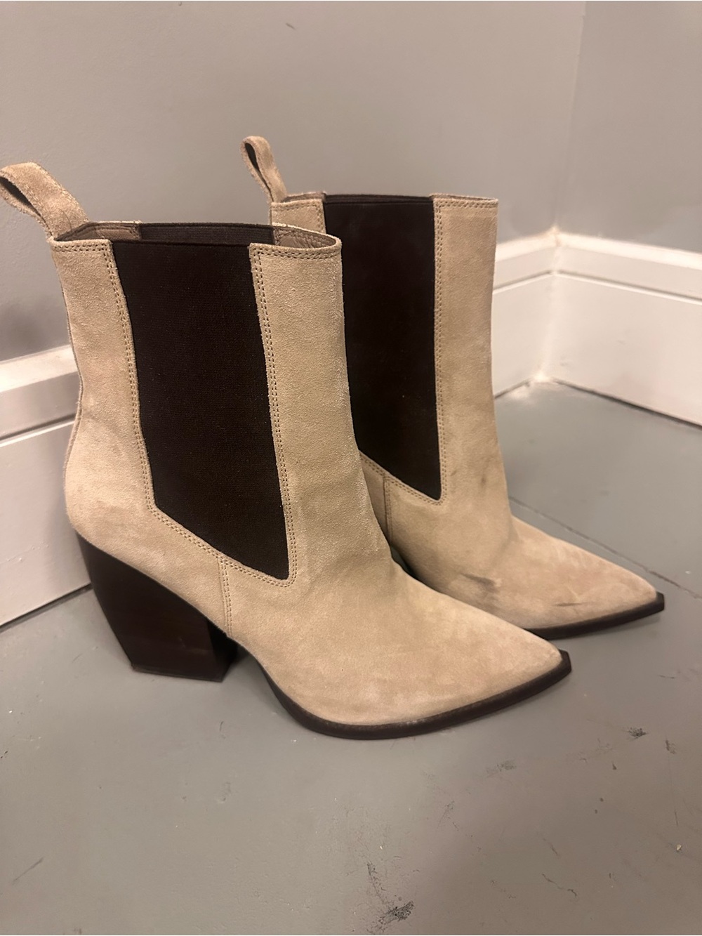 AllSaints Beige Suede Chelsea Ankle Boots with Dark Brown Panels